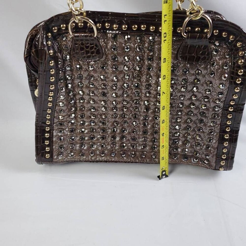 Brown Studded Faux Croc Tote Purse Gold Chain Handles Glam Satchel 13x11 - Picture 2 of 8